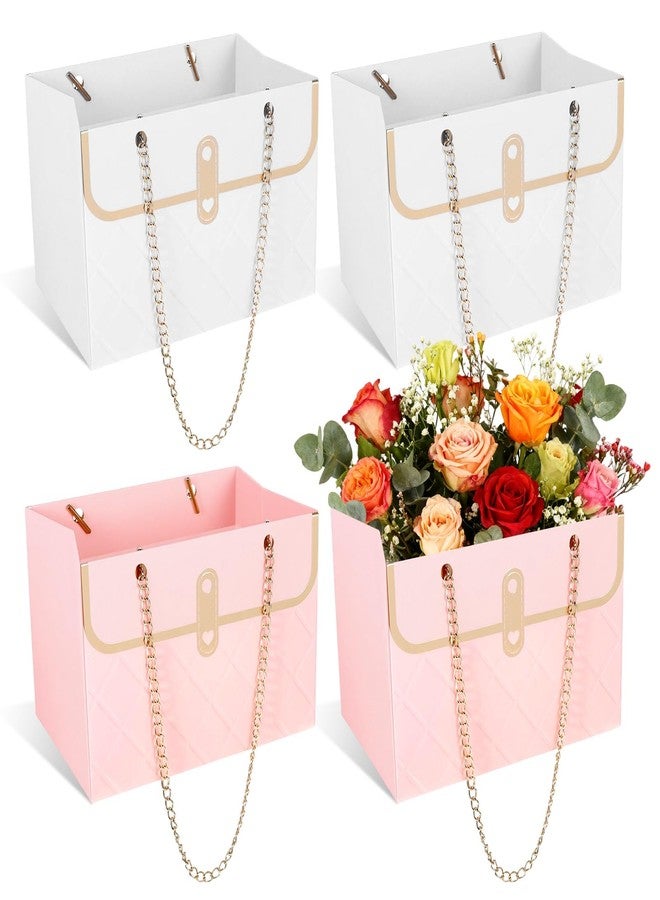 Gtziqa 4 Pcs Flower Paper Gift Box Bouquet Storage Bucket, Flower Boxes Wedding Florist Handbag with Metal Chain, Floral Craft Wrap Bag for Arrangements Valentine's Day Birthday Mother's Day (Pink White) - Image 1